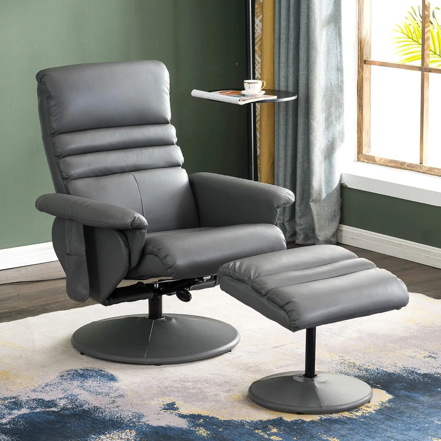 MCombo Recliner with Ottoman, Reclining Chair with Massage, 360 Swivel Living Room Chair Faux Leather, 7902 (Grey)
