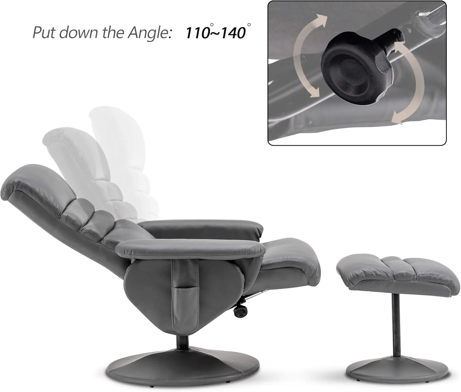 MCombo Recliner with Ottoman, Reclining Chair with Massage, 360 Swivel Living Room Chair Faux Leather, 7902 (Grey)