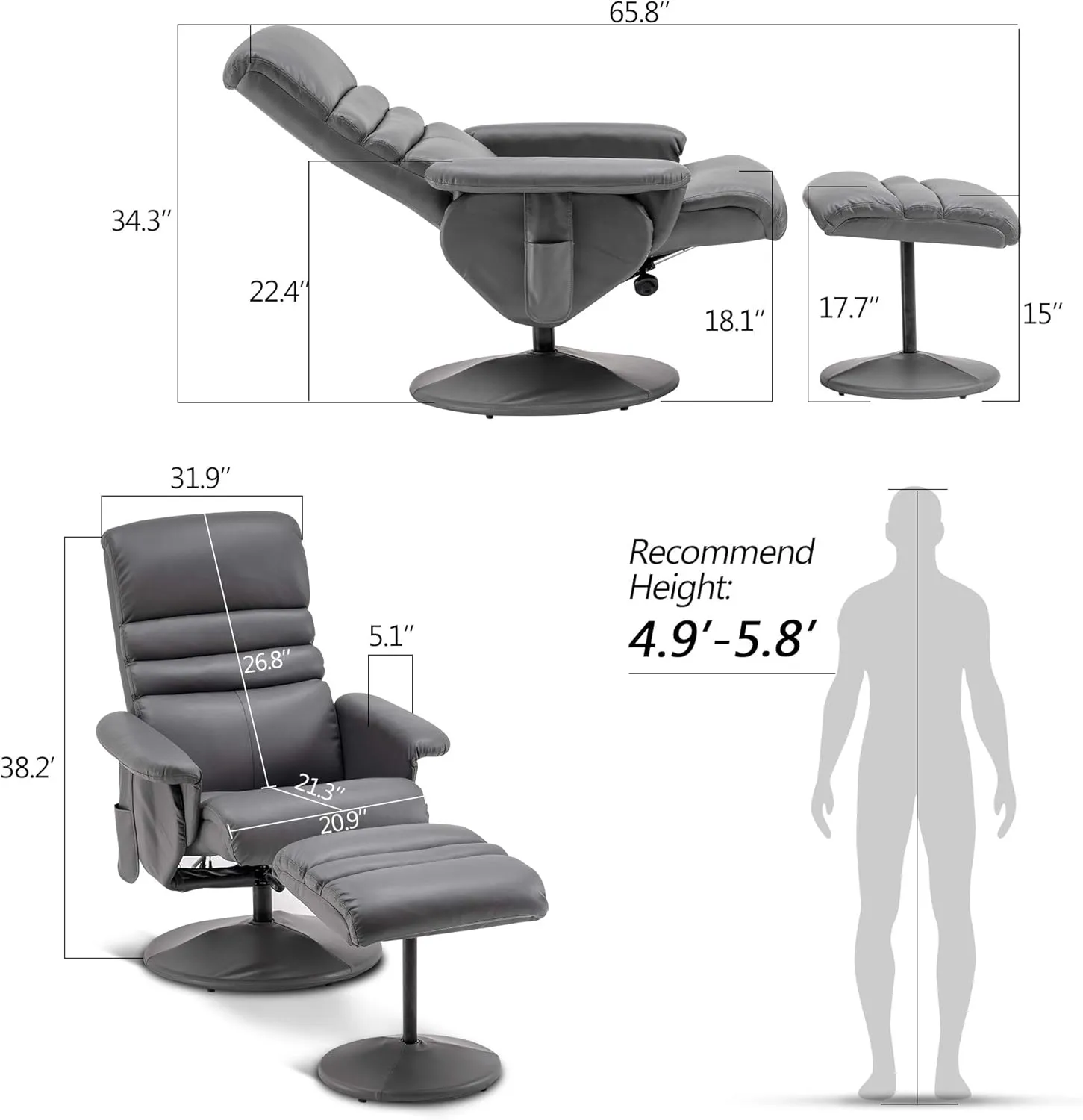MCombo Recliner with Ottoman, Reclining Chair with Massage, 360 Swivel Living Room Chair Faux Leather, 7902 (Grey)