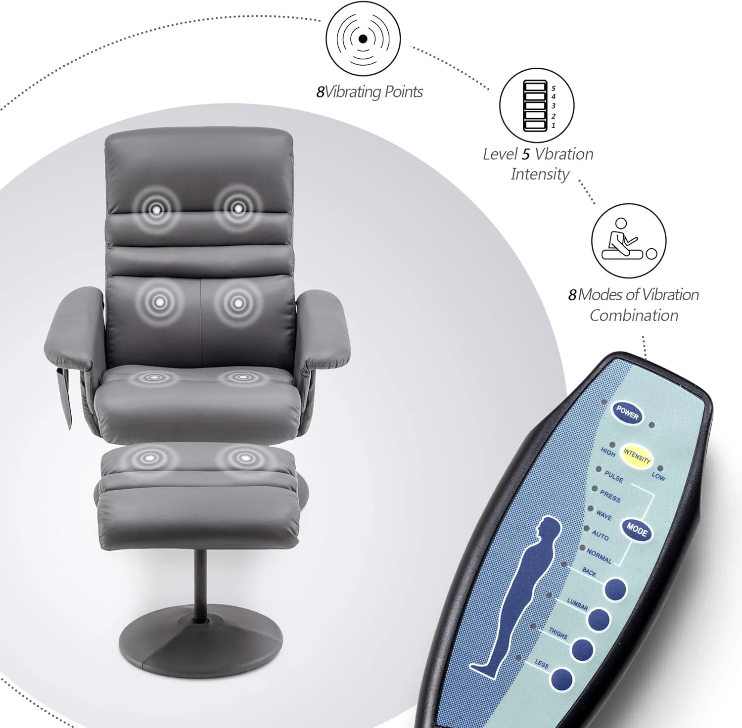 MCombo Recliner with Ottoman, Reclining Chair with Massage, 360 Swivel Living Room Chair Faux Leather, 7902 (Grey)
