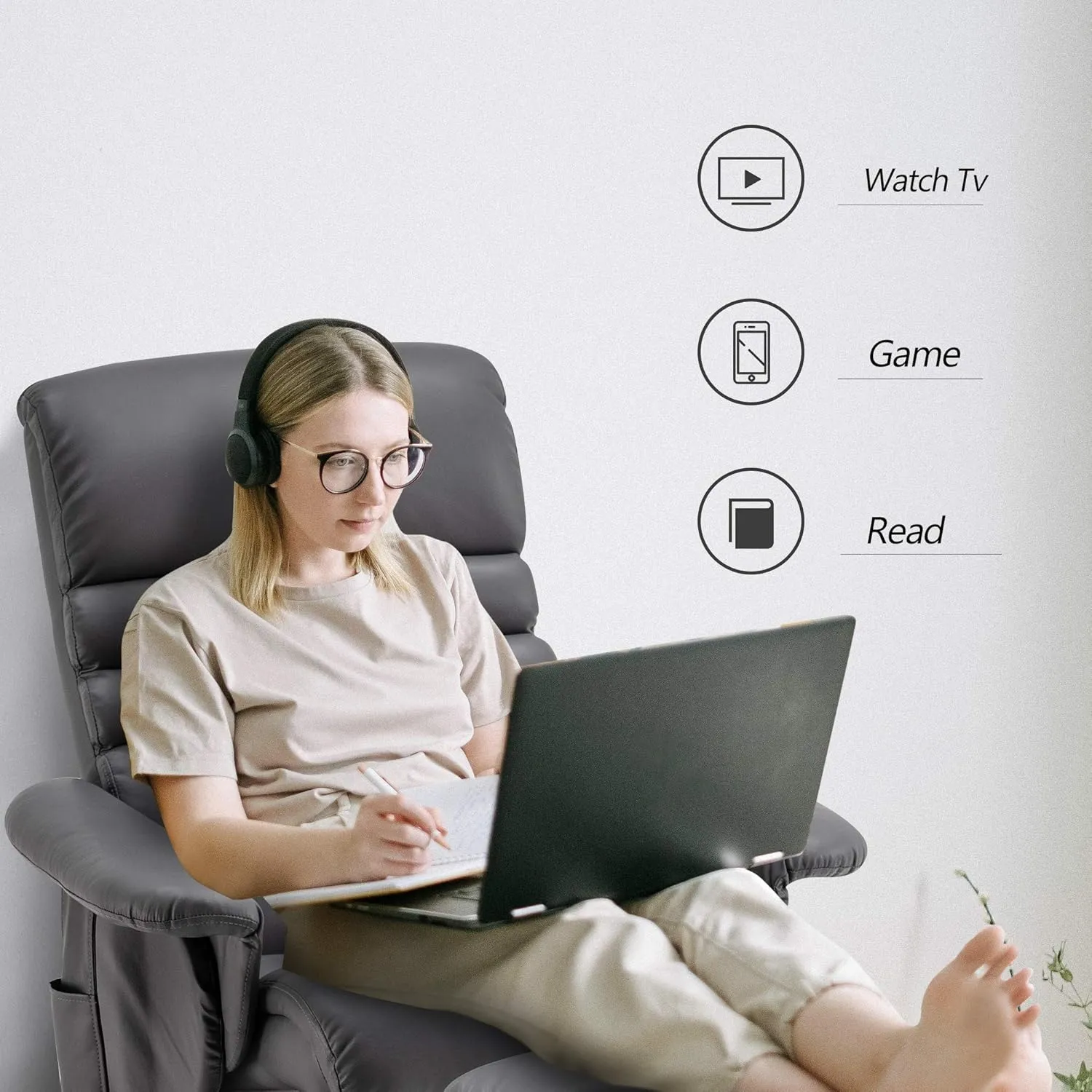 MCombo Recliner with Ottoman, Reclining Chair with Massage, 360 Swivel Living Room Chair Faux Leather, 7902 (Grey)