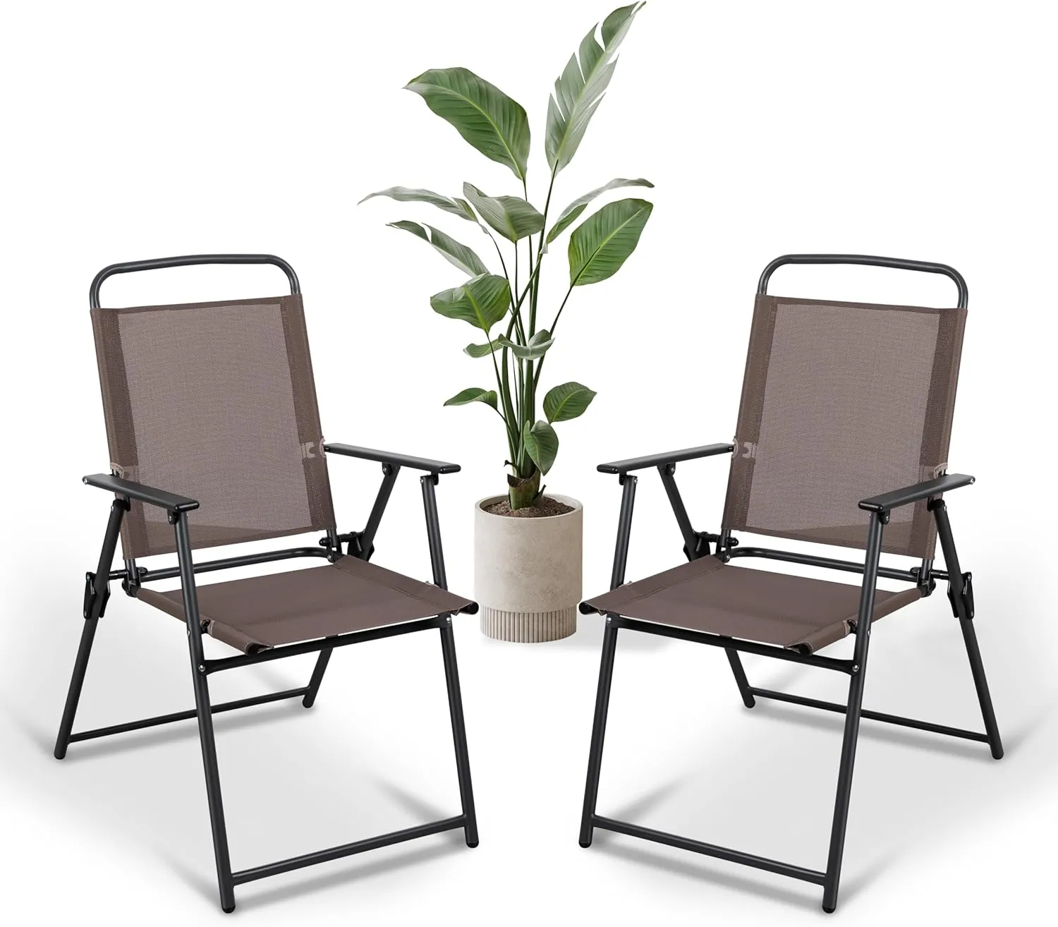 Meilocar 2 Pack Patio Folding Chairs, Outdoor Portable Dining Chairs, All Weather Lightweight Foldable Chair with Armrests for Lawn Garden Porch and Pool, Brown