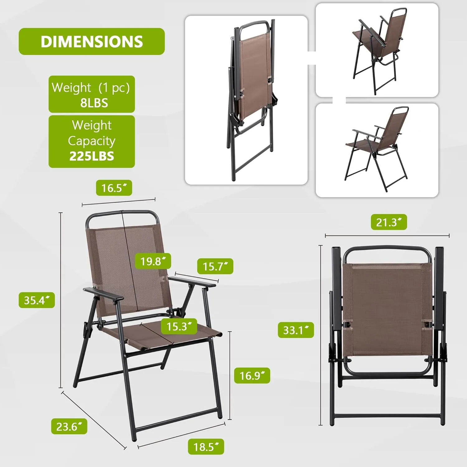 Meilocar 2 Pack Patio Folding Chairs, Outdoor Portable Dining Chairs, All Weather Lightweight Foldable Chair with Armrests for Lawn Garden Porch and Pool, Brown