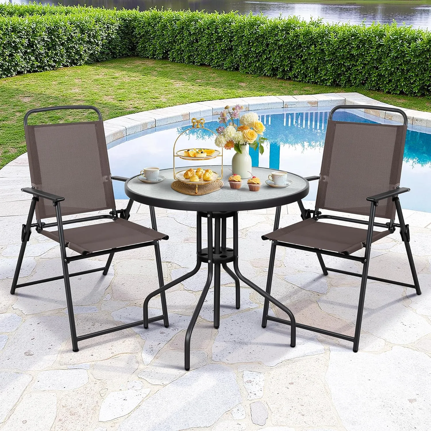 Meilocar 2 Pack Patio Folding Chairs, Outdoor Portable Dining Chairs, All Weather Lightweight Foldable Chair with Armrests for Lawn Garden Porch and Pool, Brown