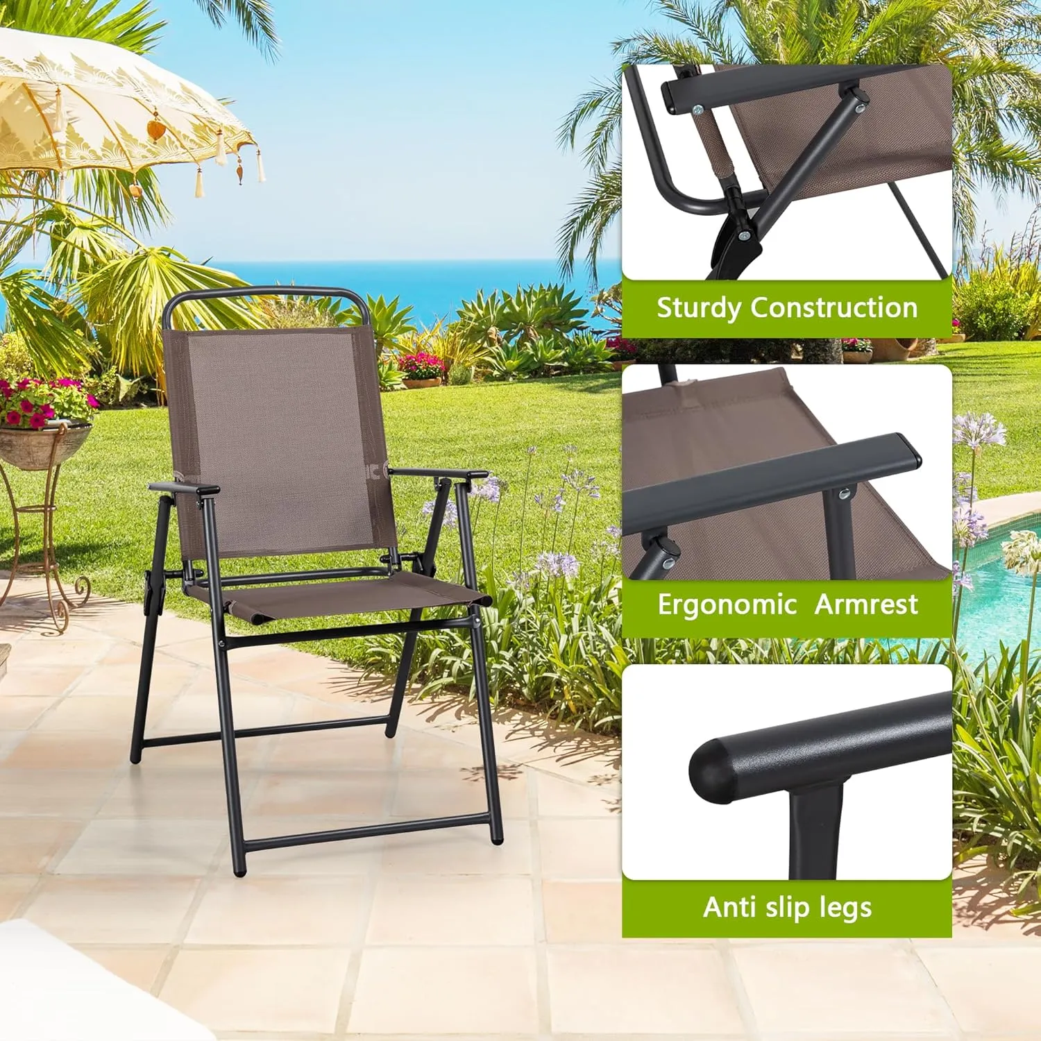 Meilocar 2 Pack Patio Folding Chairs, Outdoor Portable Dining Chairs, All Weather Lightweight Foldable Chair with Armrests for Lawn Garden Porch and Pool, Brown