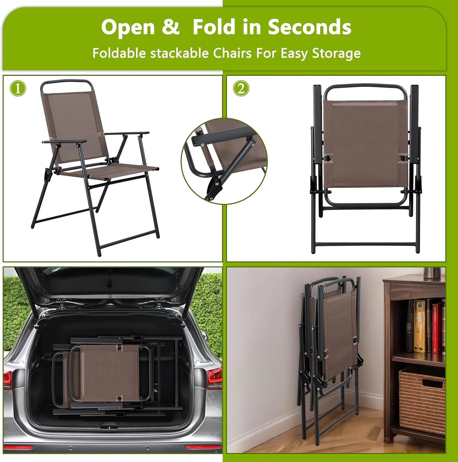 Meilocar 2 Pack Patio Folding Chairs, Outdoor Portable Dining Chairs, All Weather Lightweight Foldable Chair with Armrests for Lawn Garden Porch and Pool, Brown