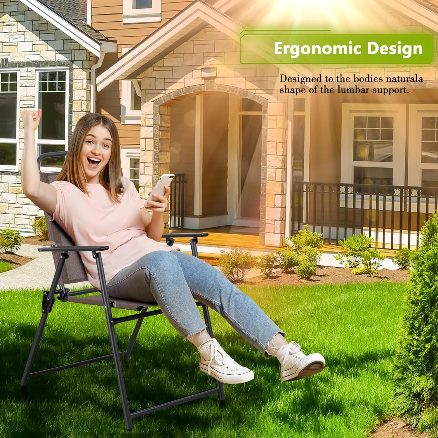 Meilocar 2 Pack Patio Folding Chairs, Outdoor Portable Dining Chairs, All Weather Lightweight Foldable Chair with Armrests for Lawn Garden Porch and Pool, Brown