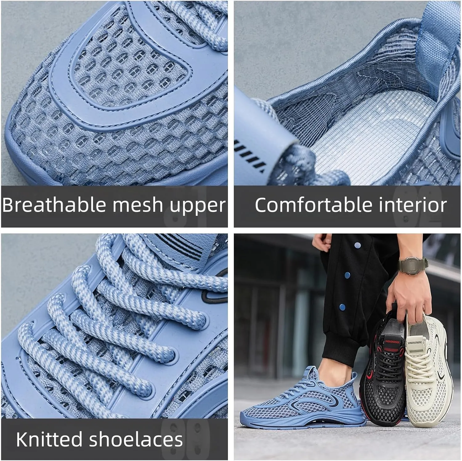 Men's Airflow Mesh Outdoor Sports Shoes - Knitted Lace-Up with Cushioned Non-Slip Sole Quick-Dry Design for Water Trekking Hiking Casual Multi-Terrain Wear