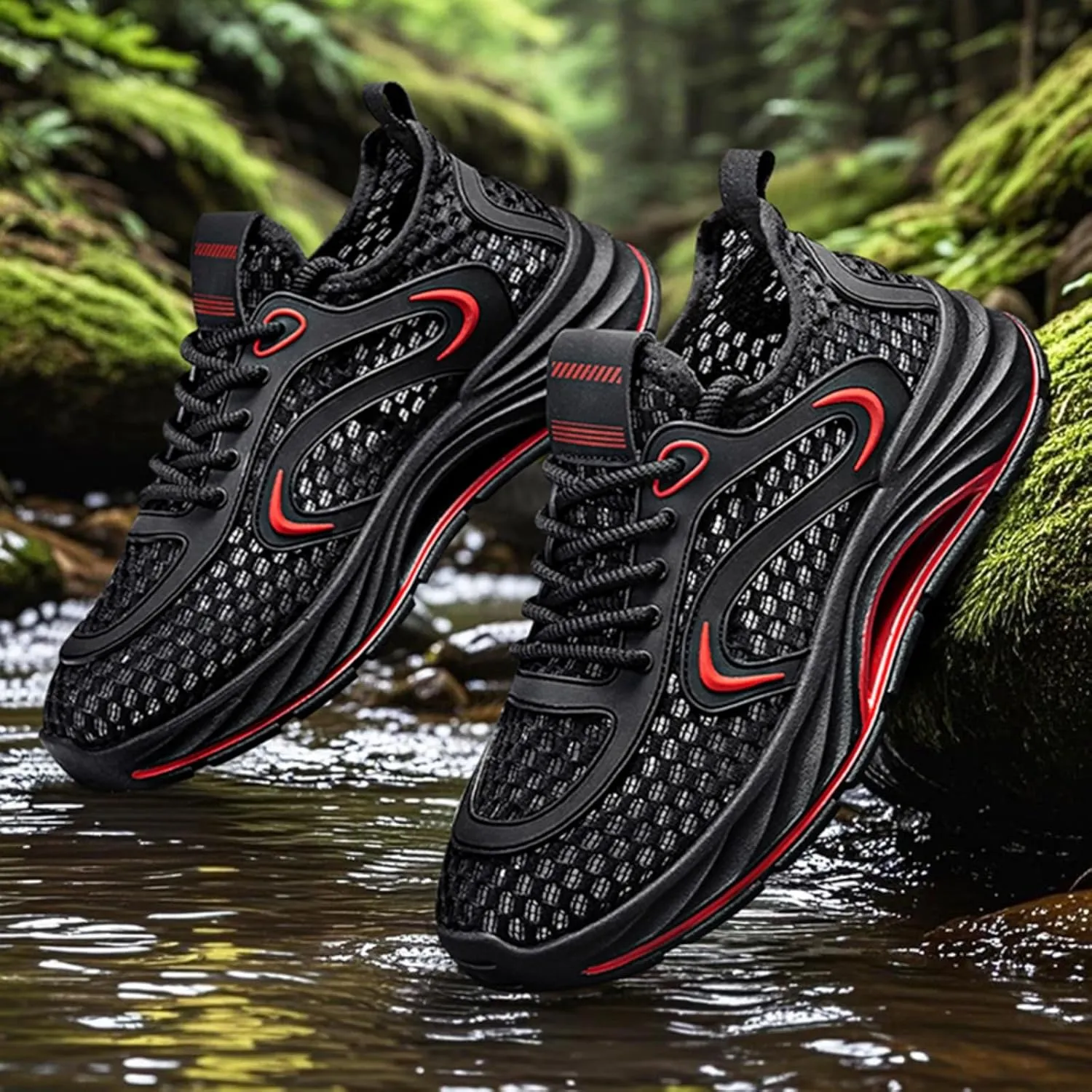 Men's Airflow Mesh Outdoor Sports Shoes - Knitted Lace-Up with Cushioned Non-Slip Sole Quick-Dry Design for Water Trekking Hiking Casual Multi-Terrain Wear