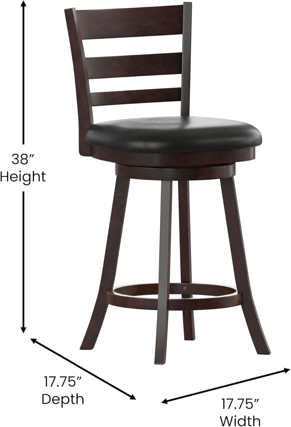 Merrick Lane Silla Ladderback Swivel Counter Stool - Espresso Finish - 24" H Padded Black Faux Leather Seat - 360° Swivel - Integrated Footrest