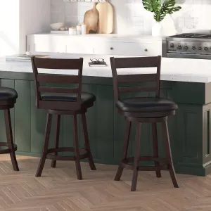 Merrick Lane Silla Ladderback Swivel Counter Stool - Espresso Finish - 24" H Padded Black Faux Leather Seat - 360° Swivel - Integrated Footrest