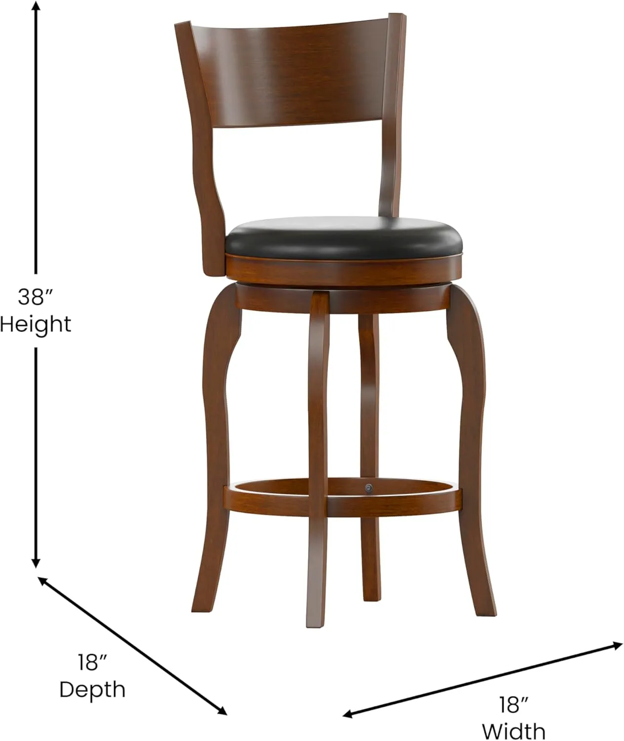 Merrick Lane Tally Open Back Swivel Counter Height Stool - Antique Oak Finish - 24" H Padded Black Faux Leather Seat - 360° Swivel - Integrated Footrest