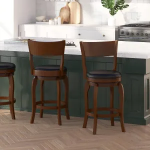 Merrick Lane Tally Open Back Swivel Counter Height Stool - Antique Oak Finish - 24" H Padded Black Faux Leather Seat - 360° Swivel - Integrated Footrest
