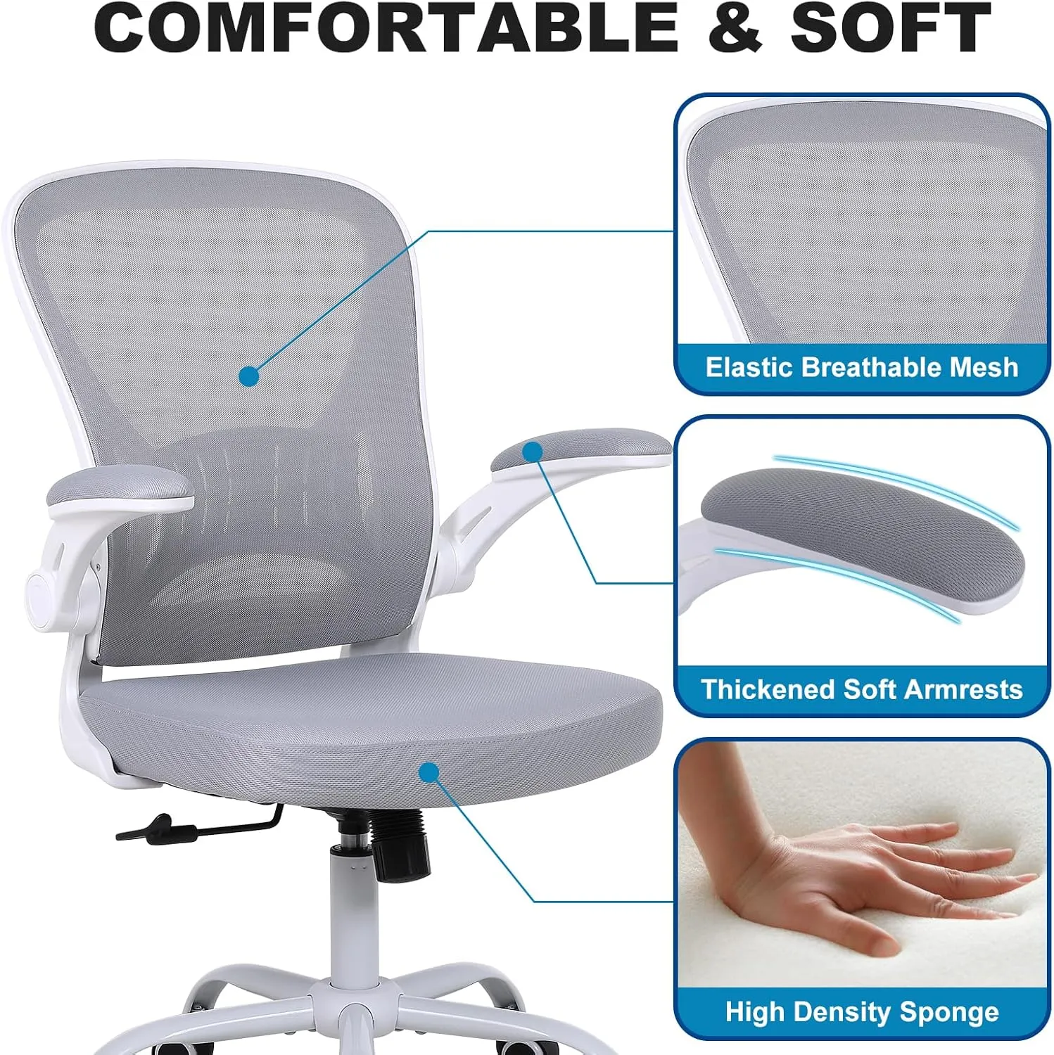 Mesh Office Chair, Ergonomic Home Office Desk Chairs with Flip-up Arms and Lumbar Support, Height Adjustable, Grey