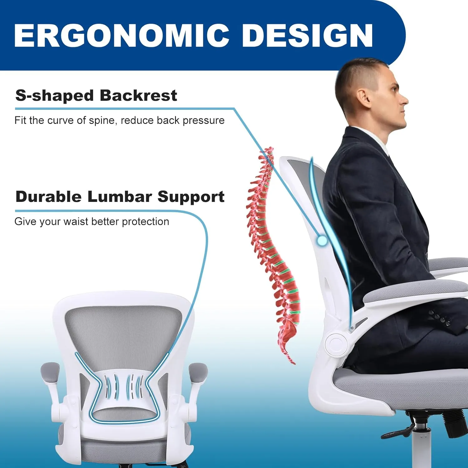 Mesh Office Chair, Ergonomic Home Office Desk Chairs with Flip-up Arms and Lumbar Support, Height Adjustable, Grey