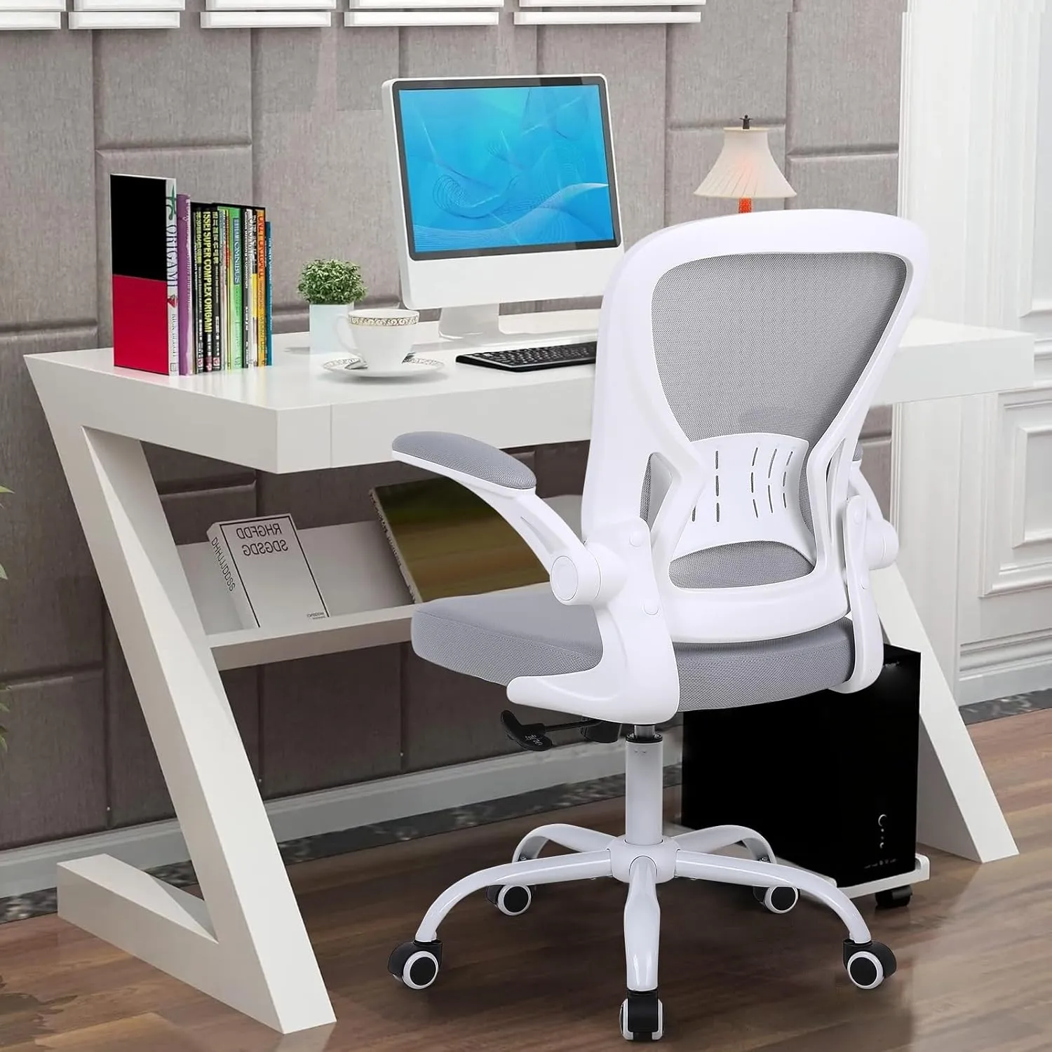 Mesh Office Chair, Ergonomic Home Office Desk Chairs with Flip-up Arms and Lumbar Support, Height Adjustable, Grey