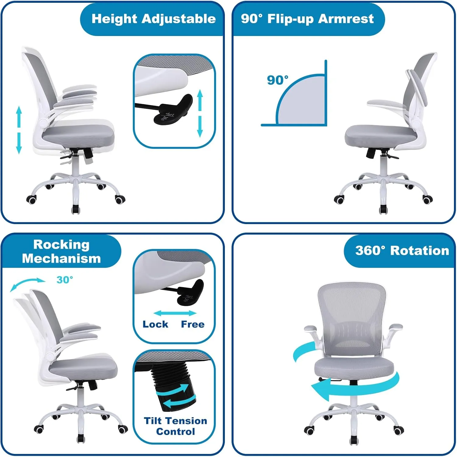 Mesh Office Chair, Ergonomic Home Office Desk Chairs with Flip-up Arms and Lumbar Support, Height Adjustable, Grey