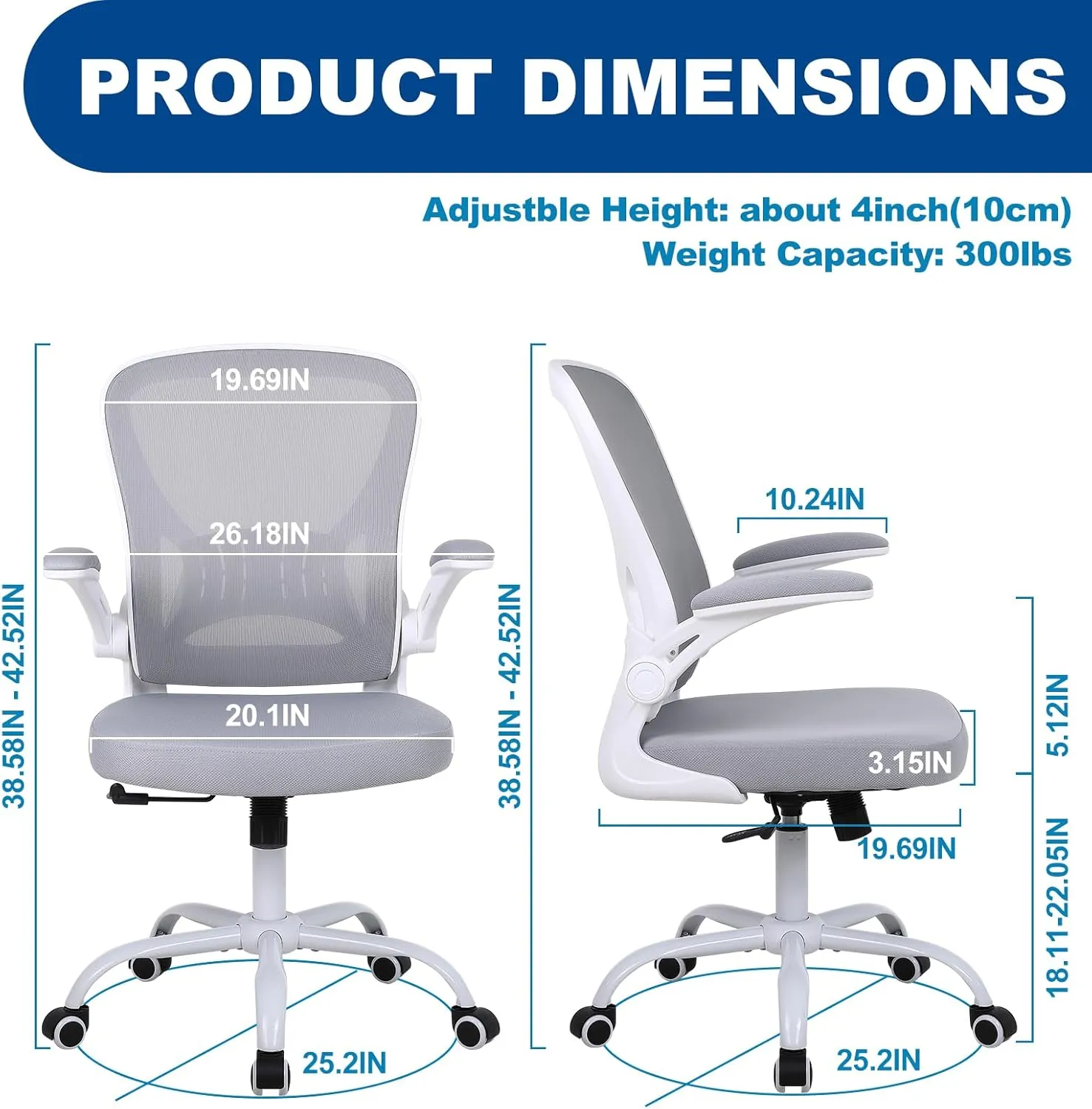 Mesh Office Chair, Ergonomic Home Office Desk Chairs with Flip-up Arms and Lumbar Support, Height Adjustable, Grey