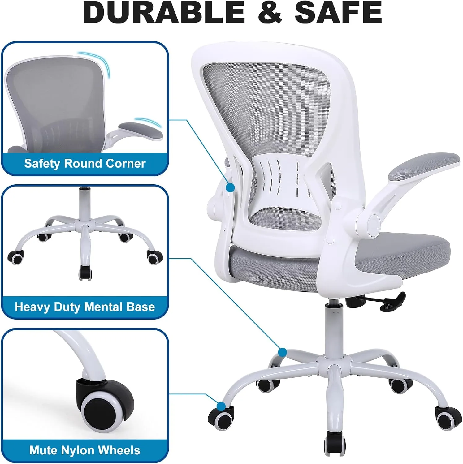 Mesh Office Chair, Ergonomic Home Office Desk Chairs with Flip-up Arms and Lumbar Support, Height Adjustable, Grey