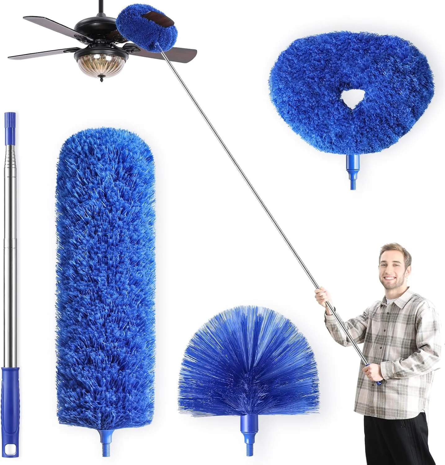 Microfiber Duster for High Ceiling Fan Blades, Cobweb with Extension Pole Adjusts 15-82 Inch, Reusable Cleaning Duster Kit with 3 Duster Heads for Wall Blinds Door Furniture Bookshelves (Blue)