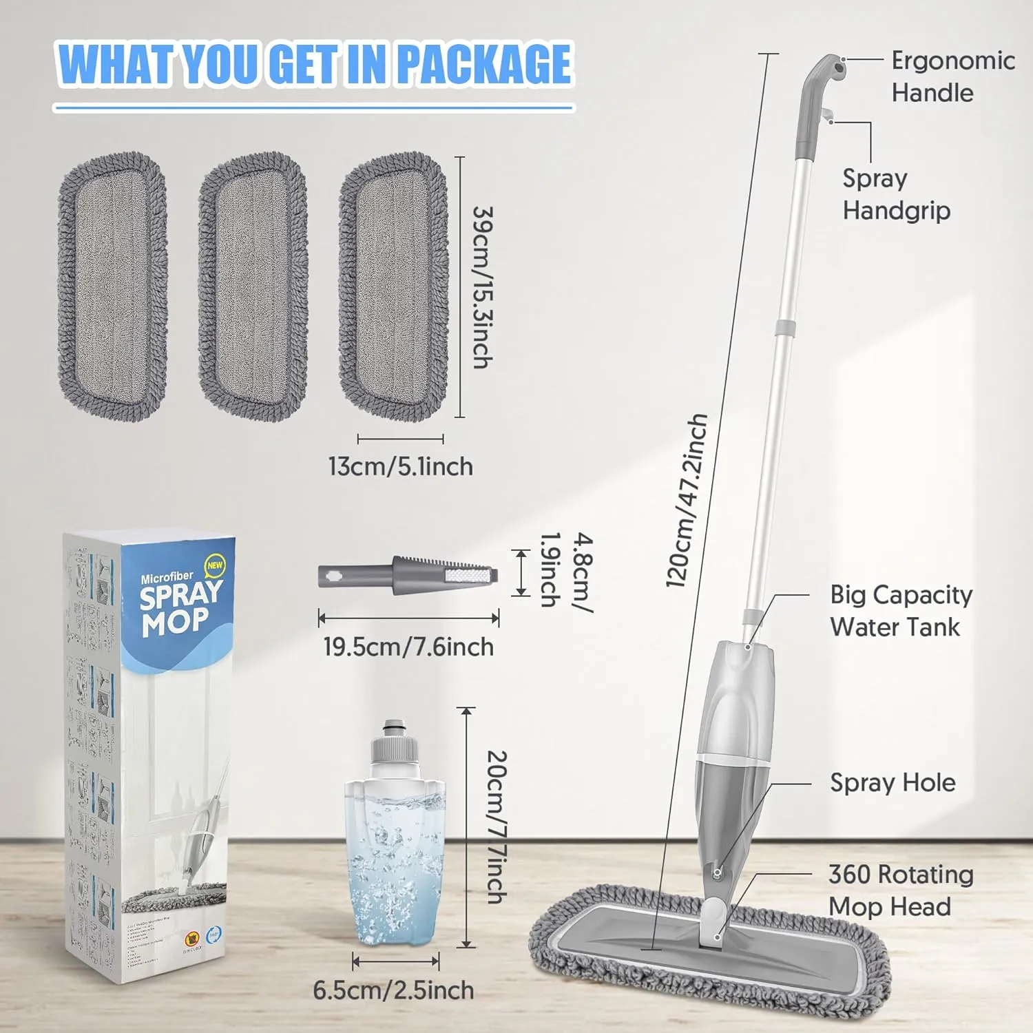 Microfiber Spray Mops for Floors Cleaning,EXEGO Dust Mop Wet Mop with 3 Washable Pads,440ML Refillable Water Tank and 1 Scraper Floor Mop for Hardwood,Laminate Floors,Ceramic