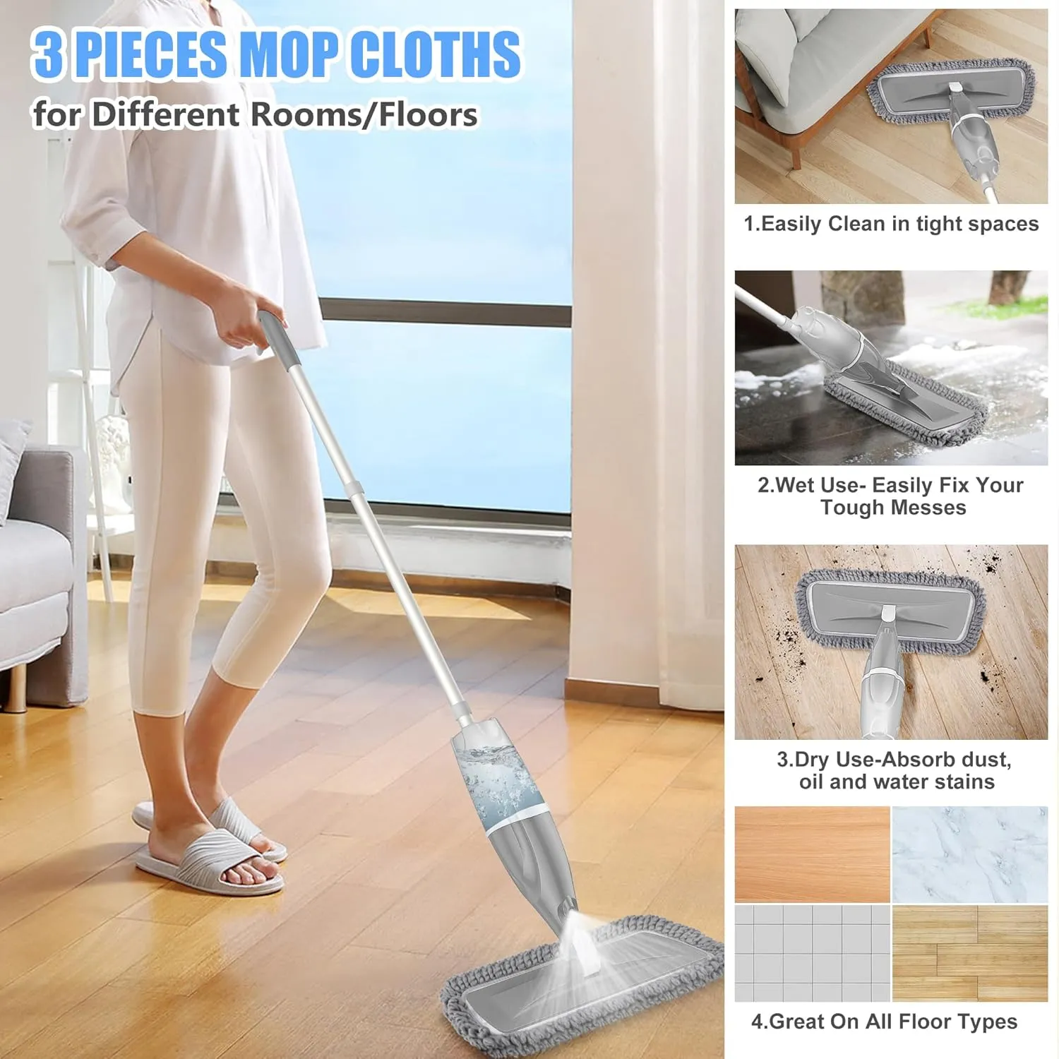 Microfiber Spray Mops for Floors Cleaning,EXEGO Dust Mop Wet Mop with 3 Washable Pads,440ML Refillable Water Tank and 1 Scraper Floor Mop for Hardwood,Laminate Floors,Ceramic