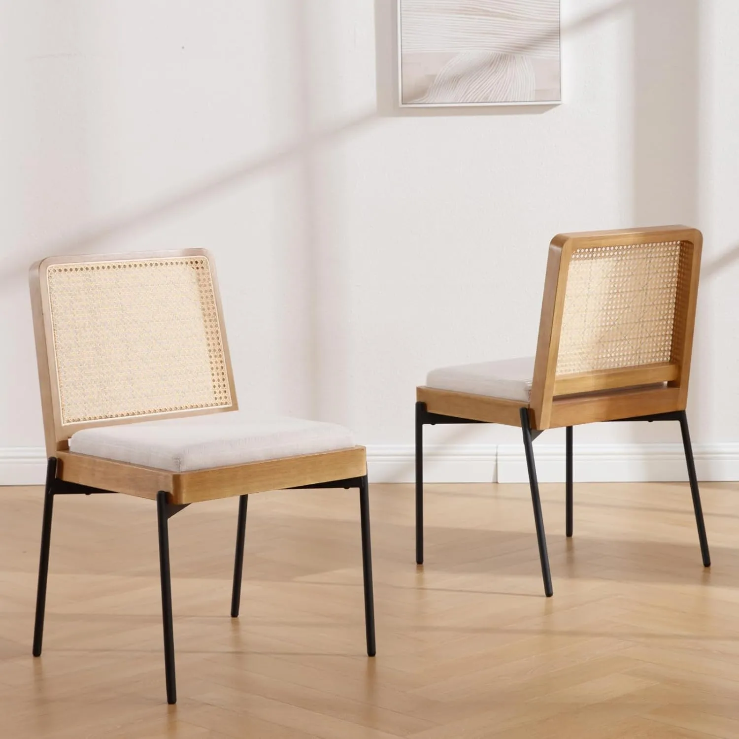 Mid-Century Dining Chairs Set of 4, Accent Linen Fabric Side Chairs with Rattan Backrest Metal Legs Kitchen Chairs for Dining Room Living Room, Beige