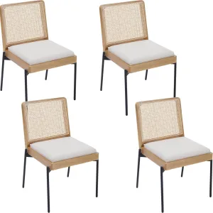 Mid-Century Dining Chairs Set of 4, Accent Linen Fabric Side Chairs with Rattan Backrest Metal Legs Kitchen Chairs for Dining Room Living Room, Beige