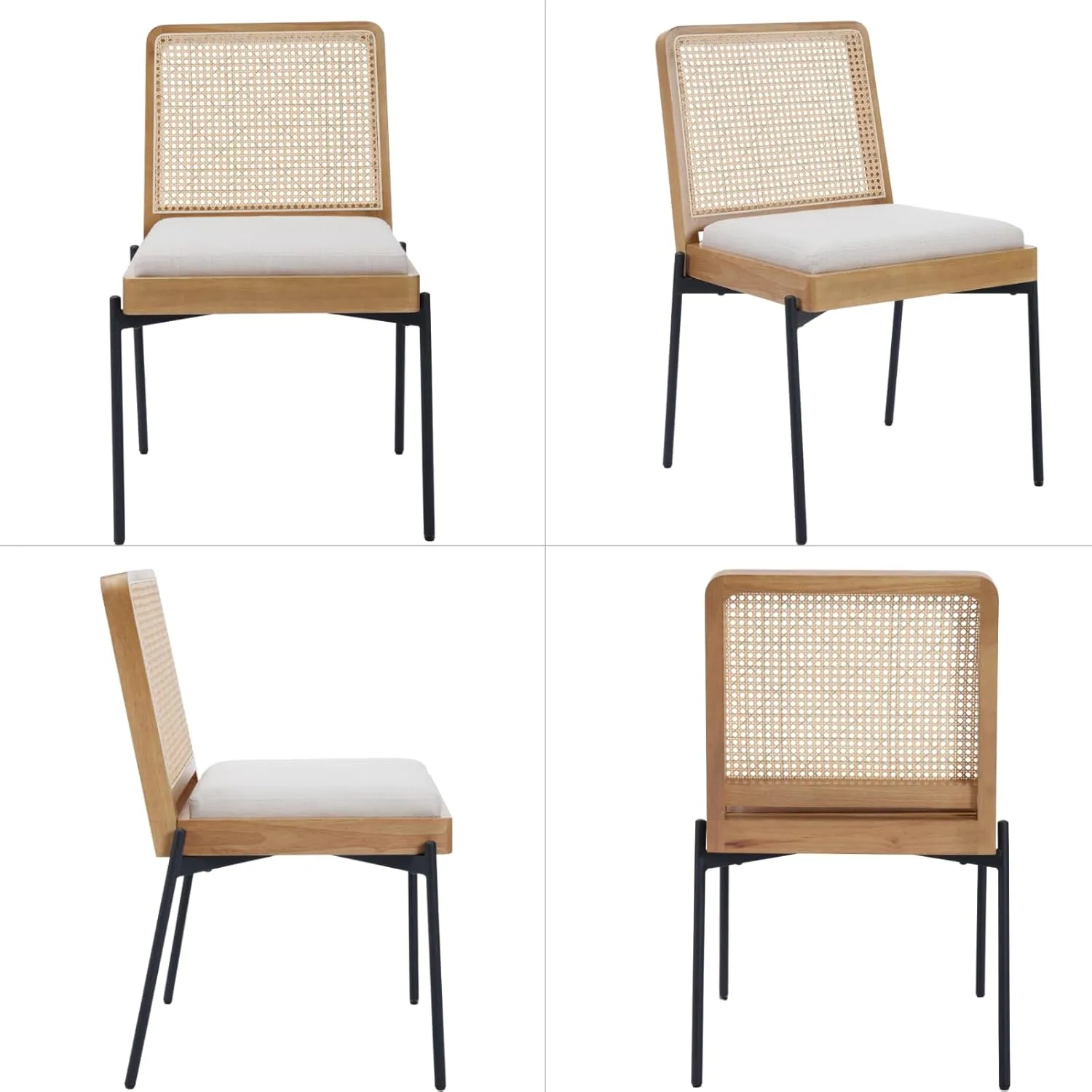 Mid-Century Dining Chairs Set of 4, Accent Linen Fabric Side Chairs with Rattan Backrest Metal Legs Kitchen Chairs for Dining Room Living Room, Beige