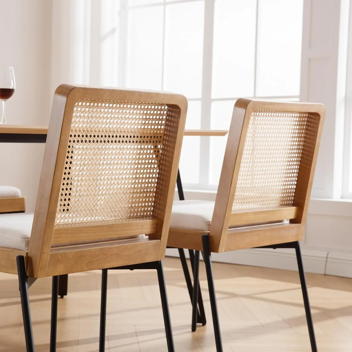 Mid-Century Dining Chairs Set of 4, Accent Linen Fabric Side Chairs with Rattan Backrest Metal Legs Kitchen Chairs for Dining Room Living Room, Beige