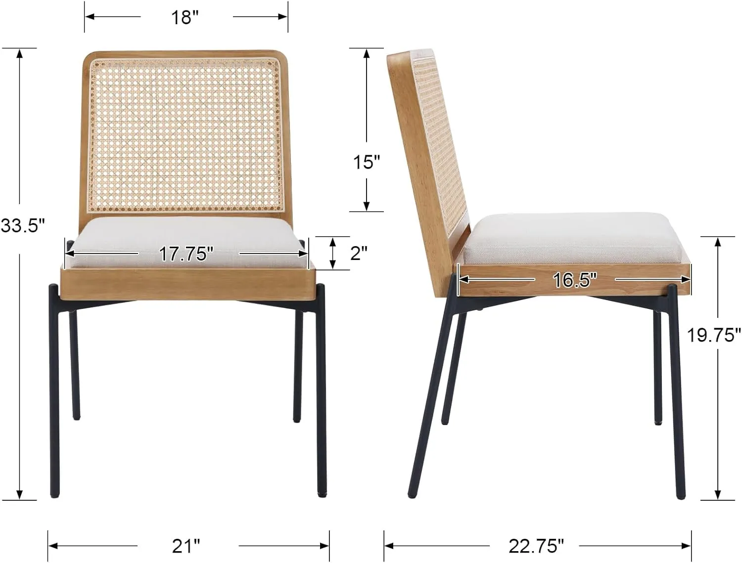 Mid-Century Dining Chairs Set of 4, Accent Linen Fabric Side Chairs with Rattan Backrest Metal Legs Kitchen Chairs for Dining Room Living Room, Beige