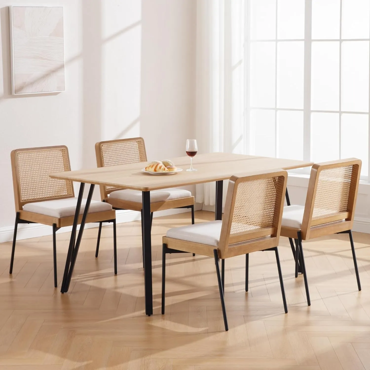 Mid-Century Dining Chairs Set of 4, Accent Linen Fabric Side Chairs with Rattan Backrest Metal Legs Kitchen Chairs for Dining Room Living Room, Beige