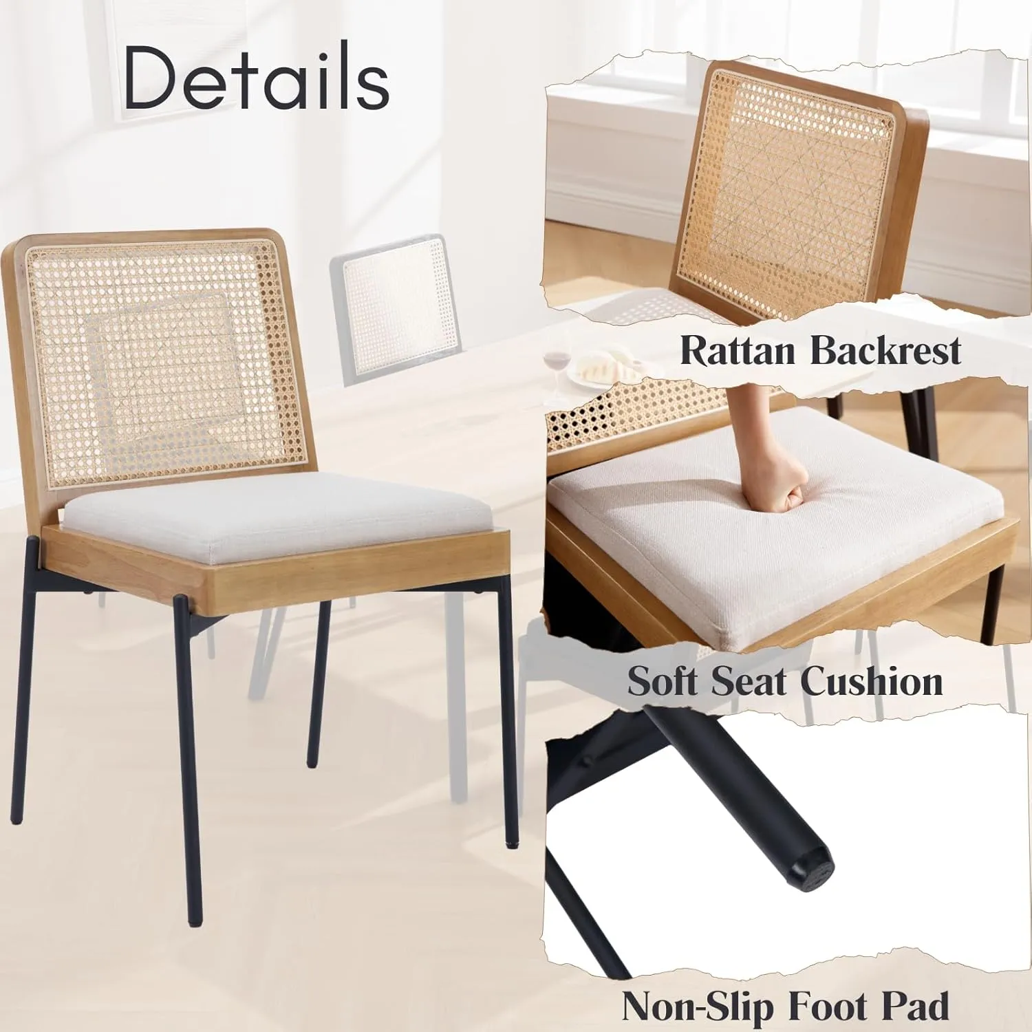 Mid-Century Dining Chairs Set of 4, Accent Linen Fabric Side Chairs with Rattan Backrest Metal Legs Kitchen Chairs for Dining Room Living Room, Beige