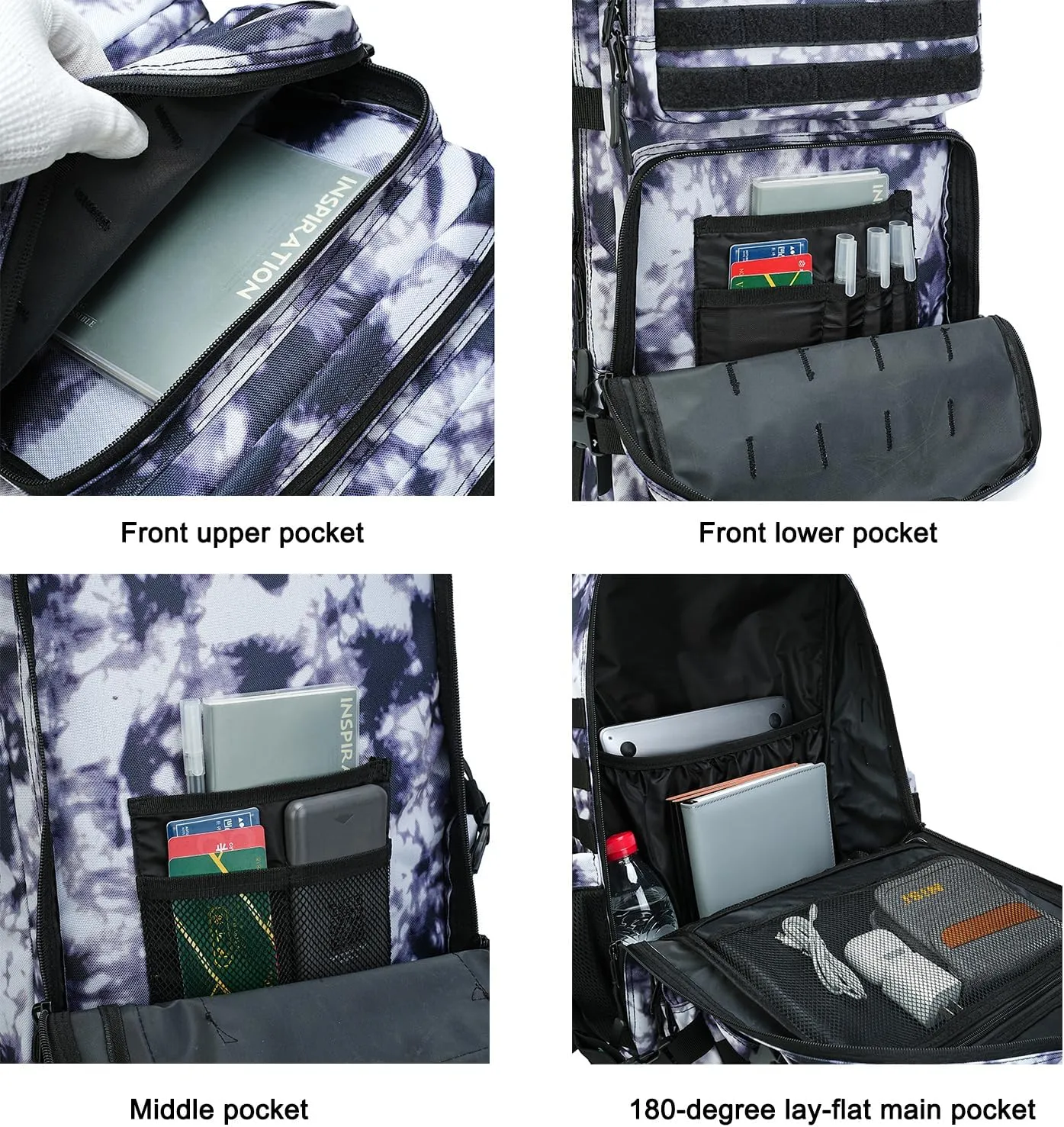 Military Tactical Backpack 45L Bug Out Bag Assault Pack Molle Daypack Hiking Gym Rucksack with Bottle Holder(Black tie dye)