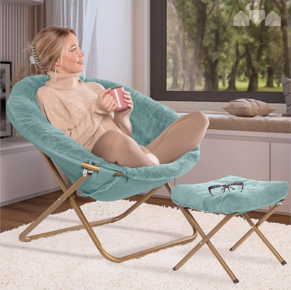 Milliard Cozy Chair with Footrest Ottoman/Faux Fur Saucer Chair for Bedroom/X-Large (Blue)