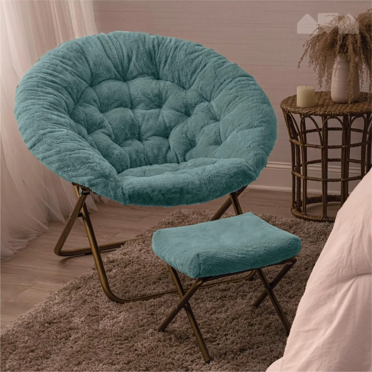 Milliard Cozy Chair with Footrest Ottoman/Faux Fur Saucer Chair for Bedroom/X-Large (Blue)