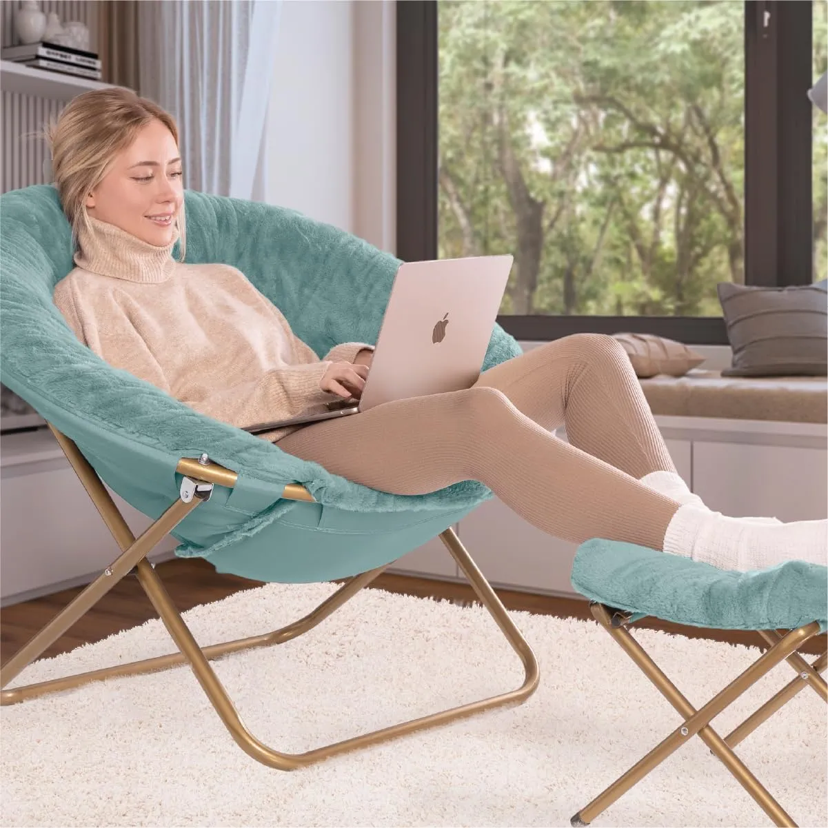 Milliard Cozy Chair with Footrest Ottoman/Faux Fur Saucer Chair for Bedroom/X-Large (Blue)