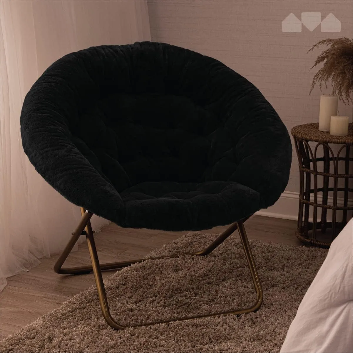 Milliard Saucer Chair For Adults, Teens & Kids, Black, Faux Fur XL Circle Chair for Bedroom, Dorm & Gaming, Foldable Comfy Accent Seat for Small Spaces, Folding Moon / Mushroom / Round Oversized Style