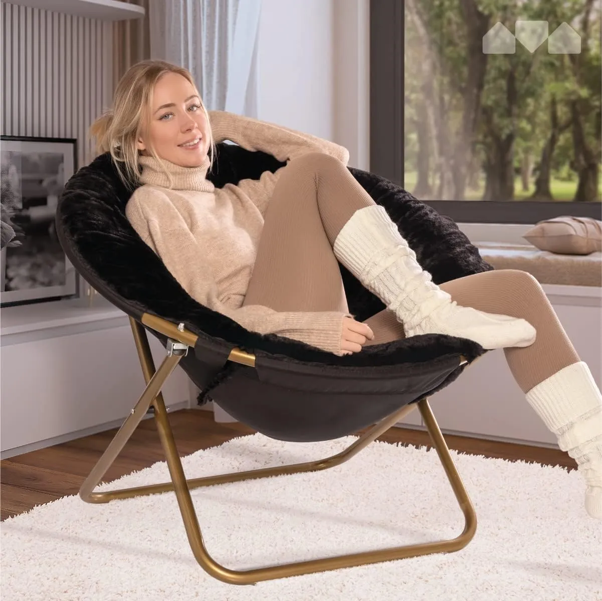 Milliard Saucer Chair For Adults, Teens & Kids, Black, Faux Fur XL Circle Chair for Bedroom, Dorm & Gaming, Foldable Comfy Accent Seat for Small Spaces, Folding Moon / Mushroom / Round Oversized Style