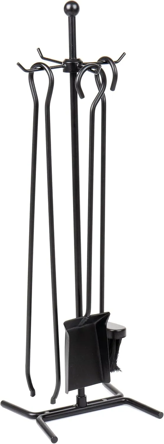 Mind Reader Fireplace Set with Stand, Brush, Shovel Scoop, Poker, Tongs, Steel, 8.25"L x 6.75"W x 26.25"H, 4 Pcs, Black