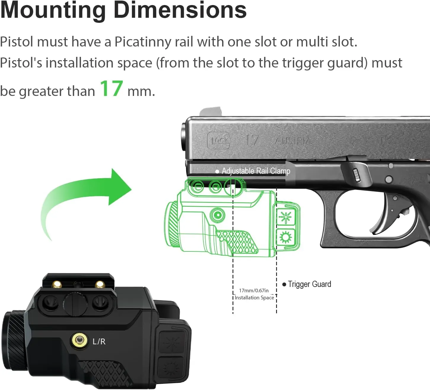Mini 700 Lumen Pistol Light Laser Combo Weapon Light Tactical Flashlights, Magnetic USB Rechargeable with Green Beam and Strobe Mode for GL Glock and Picatinny Rail
