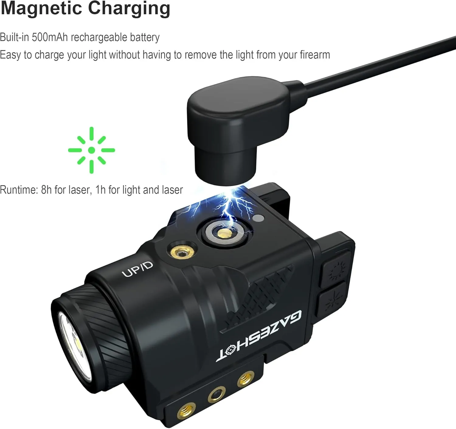 Mini 700 Lumen Pistol Light Laser Combo Weapon Light Tactical Flashlights, Magnetic USB Rechargeable with Green Beam and Strobe Mode for GL Glock and Picatinny Rail