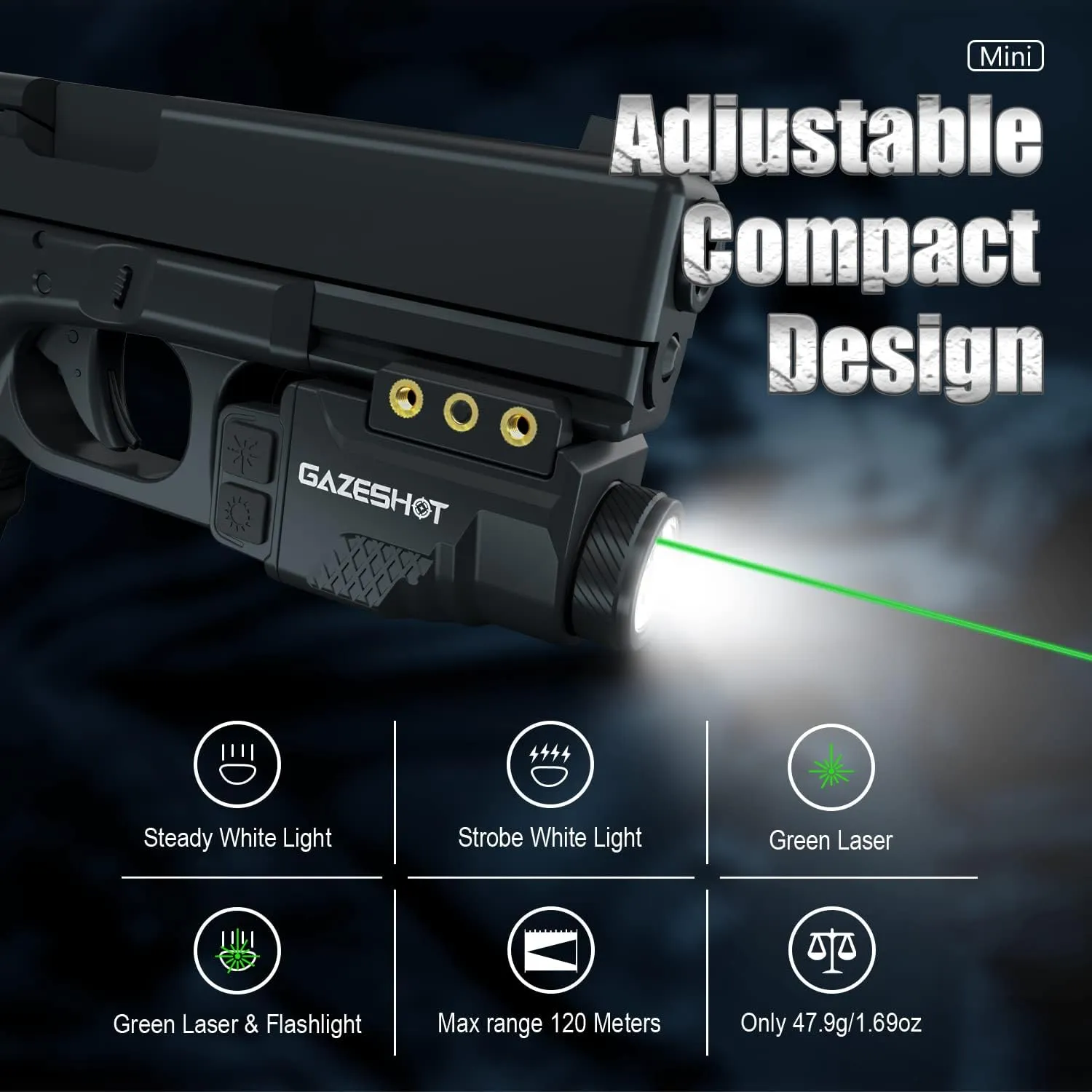Mini 700 Lumen Pistol Light Laser Combo Weapon Light Tactical Flashlights, Magnetic USB Rechargeable with Green Beam and Strobe Mode for GL Glock and Picatinny Rail