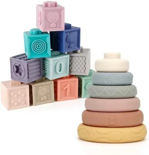 Mini Tudou Baby Blocks & Stacking Rings Toy Set, Baby Sensory Building & Teething Toys Educational Squeeze Play with Animals Shapes Textures Numbers, Holidays for Toddlers Babies 6m 