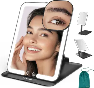 Mocado Travel Makeup Mirror with Light - Tripple Folding Travel Mirror with Light, 3 Colors Lighted Makeup Mirror, Portable Vanity Mirror with Light, Freely Adjust Height and Angle(Black)