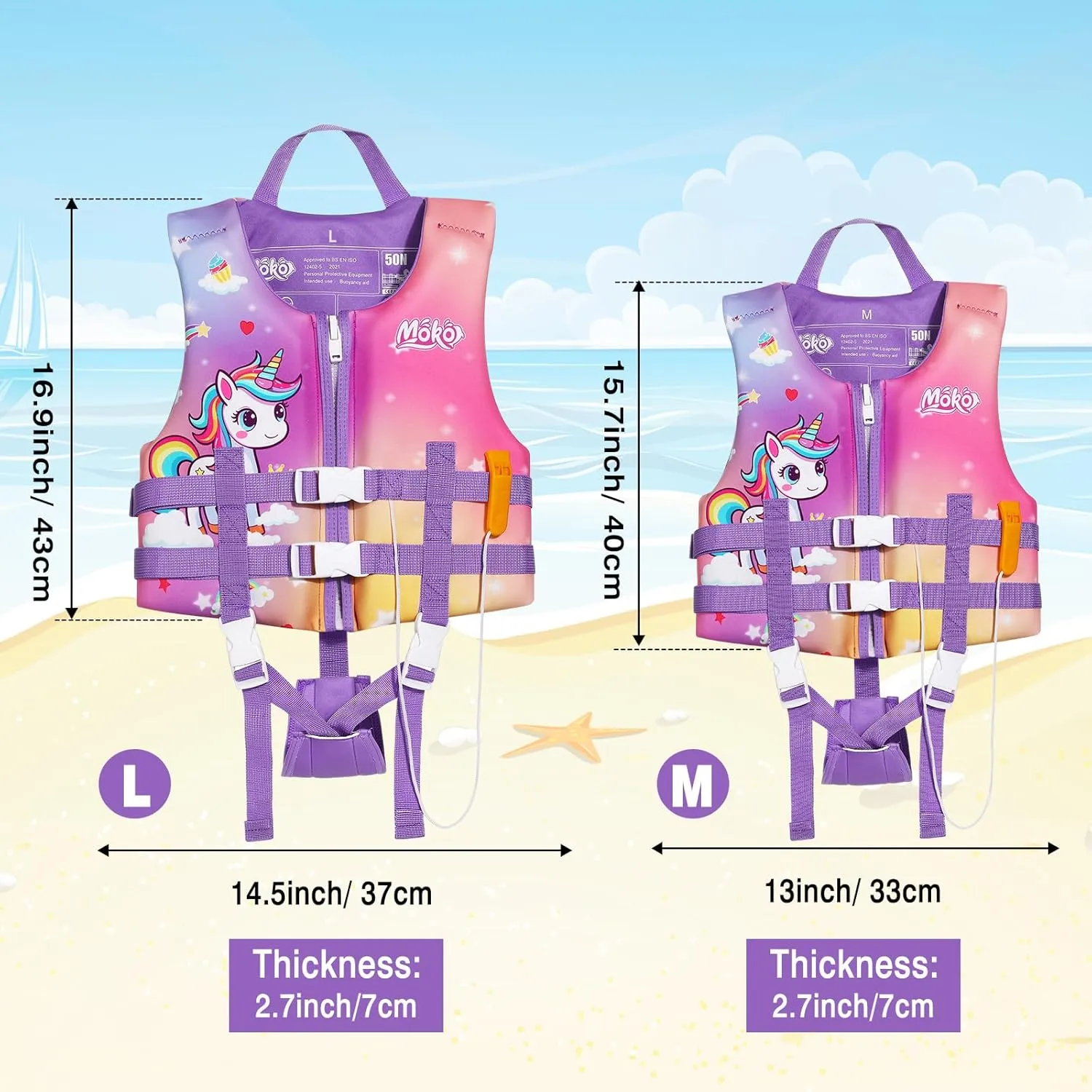 MoKo Swimming Vest for Kids 27-46 lbs, Clearance Children Swim Vests Water Activity Equipment Cute Pattern Watersports Swimming Device for Toddlers Boys Girls, M Size, Lilac Unicorn