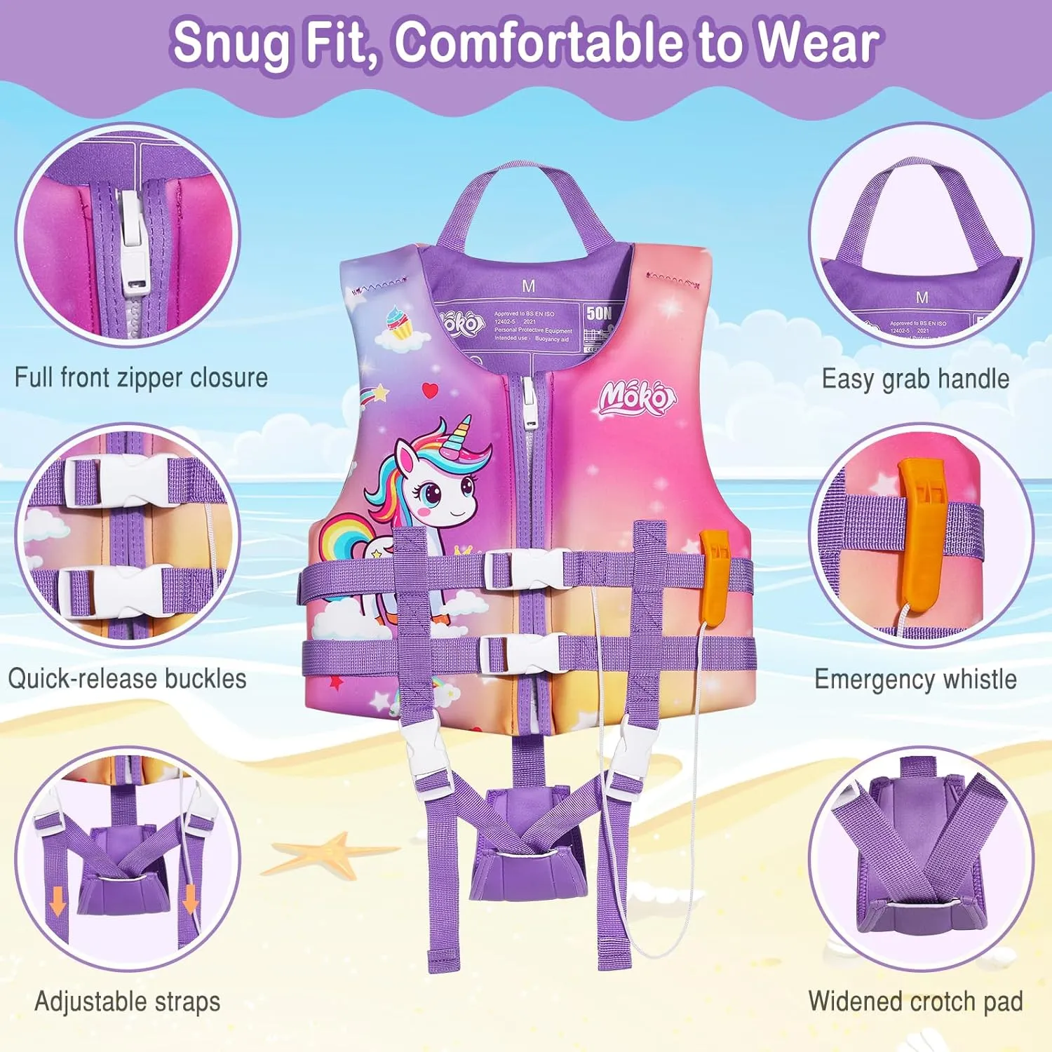 MoKo Swimming Vest for Kids 27-46 lbs, Clearance Children Swim Vests Water Activity Equipment Cute Pattern Watersports Swimming Device for Toddlers Boys Girls, M Size, Lilac Unicorn