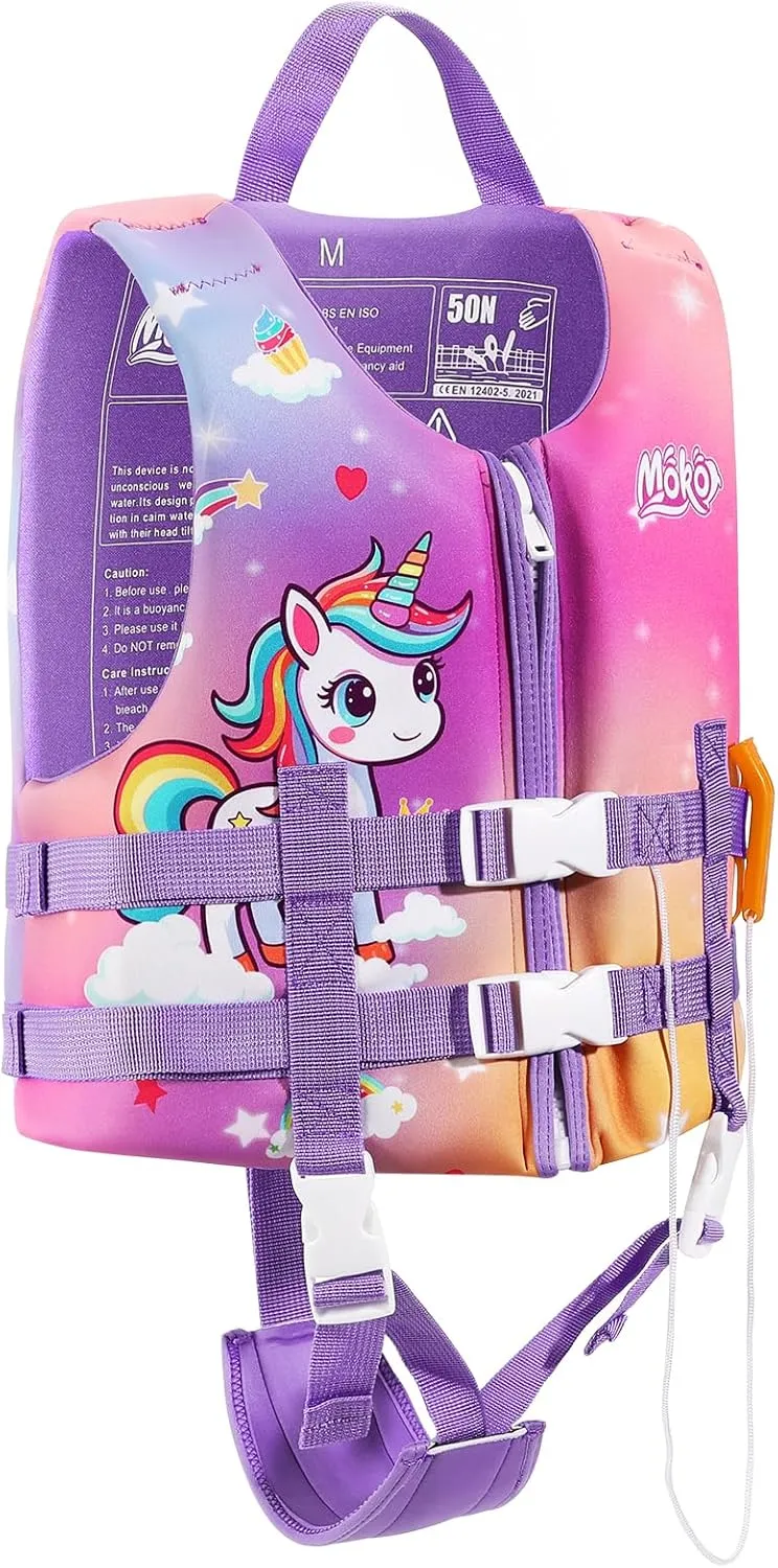 MoKo Swimming Vest for Kids 27-46 lbs, Clearance Children Swim Vests Water Activity Equipment Cute Pattern Watersports Swimming Device for Toddlers Boys Girls, M Size, Lilac Unicorn