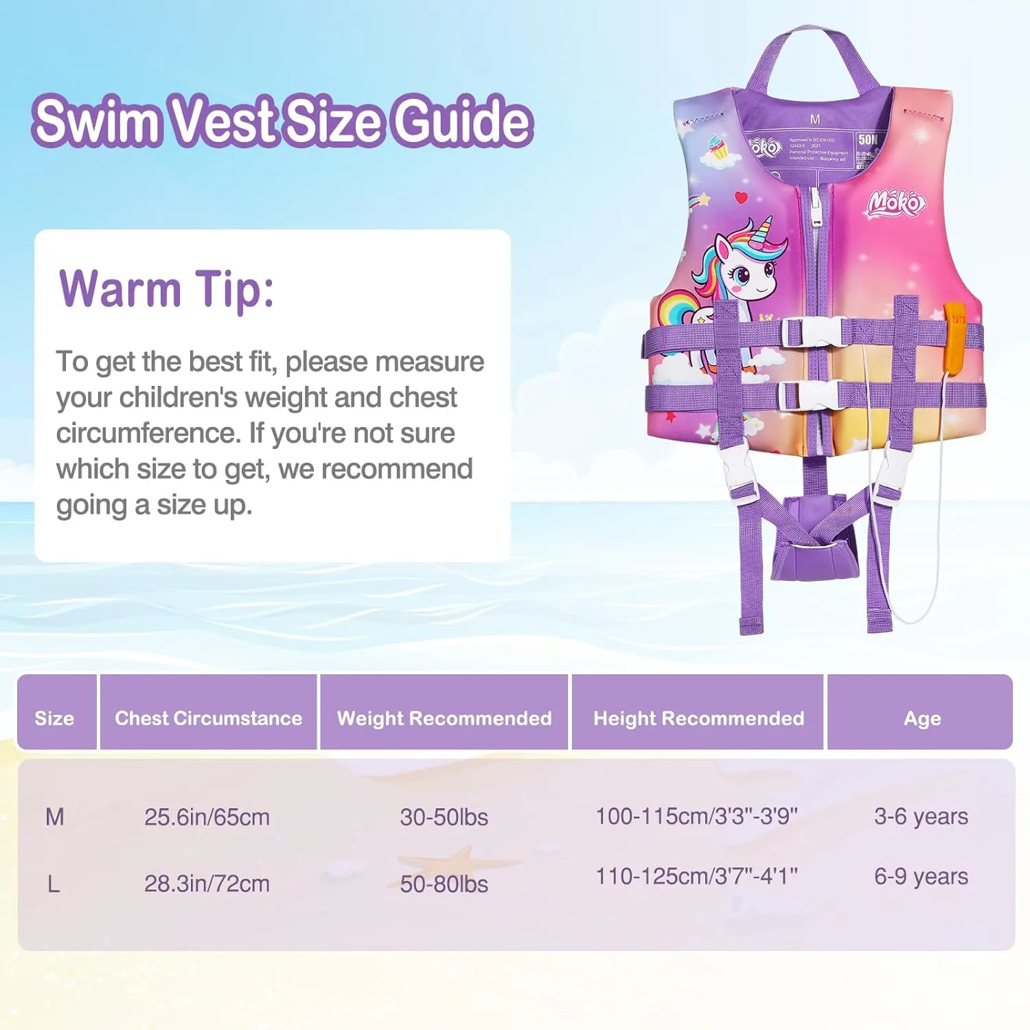 MoKo Swimming Vest for Kids 27-46 lbs, Clearance Children Swim Vests Water Activity Equipment Cute Pattern Watersports Swimming Device for Toddlers Boys Girls, M Size, Lilac Unicorn