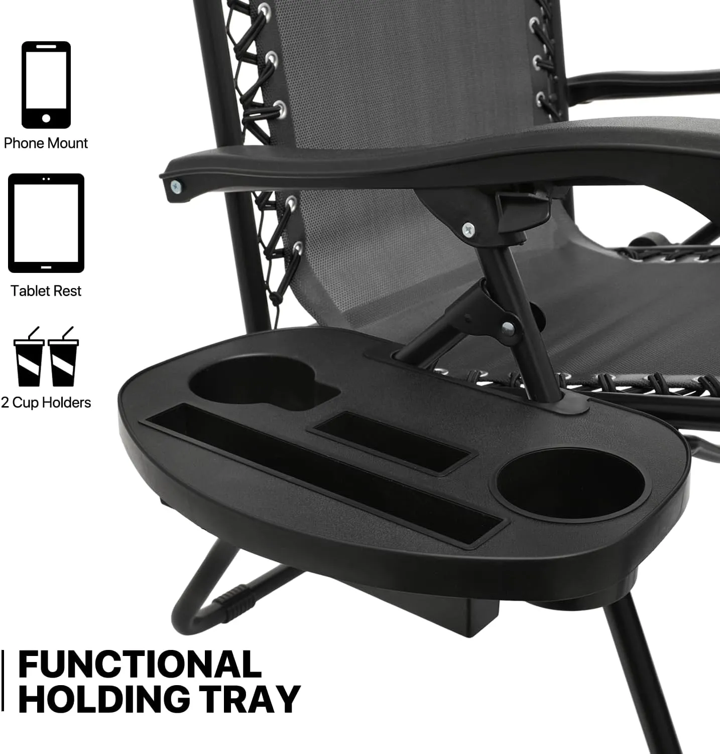 MoNiBloom Zero Gravity Chair Set of 2 with Canopy Shade, Patio Folding Anti Gravity Recliner, Foldable Outdoor Lounger with Cup Holder Tray for Beach Camping, Black